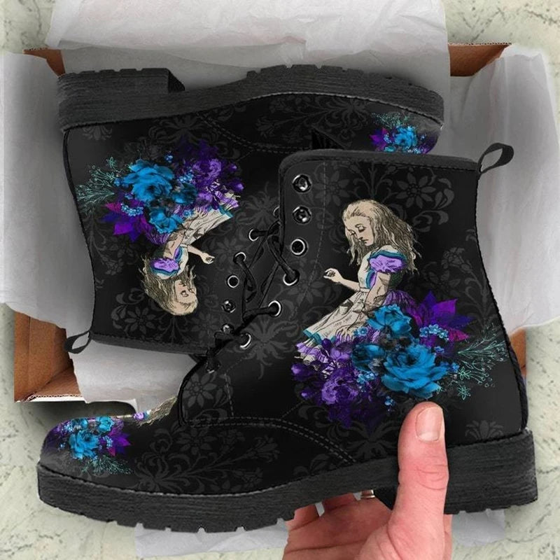 Women Ankle Boots Low Heels Shoes Woman Vintage PU Leather Autumn Warm Winter High Snow Boots 2022 Skull Flower Print Boots