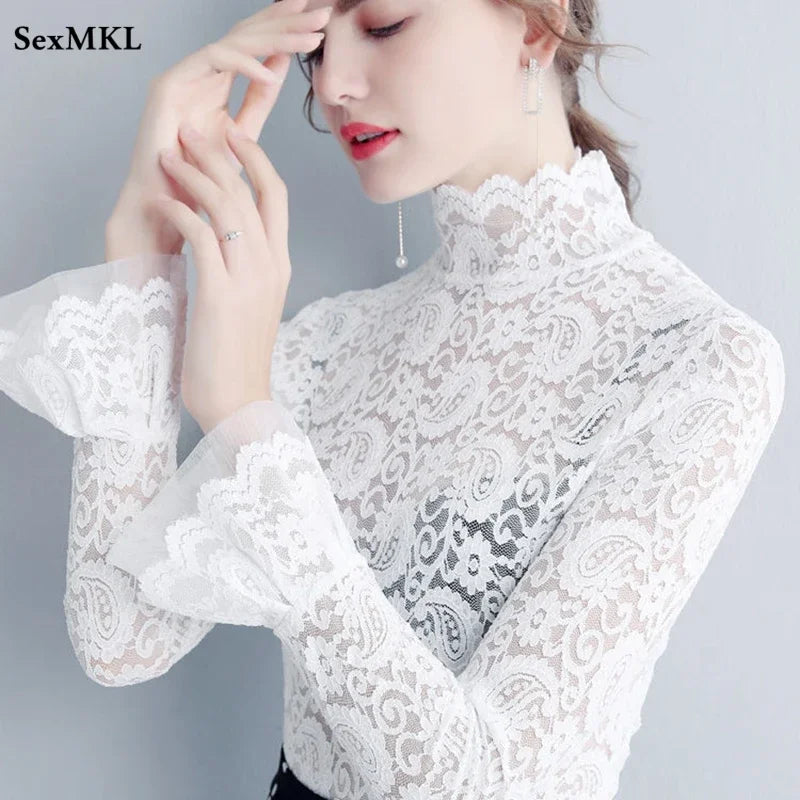 Sexy Transparent Long Sleeve Top Women 2025 Fashion Autumn Winter Basic Lace Blouses White Black Hollow Blusas Mujer Oversized