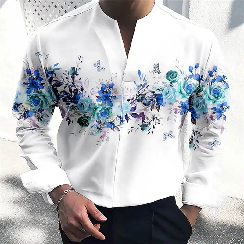 Men Shirt Floral Printing V Neck Long Sleeve Loose Streetwear Casual Men Clothing 2023 Fashion Leisure Camisas S-5XL INCERUN