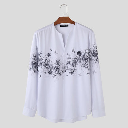 Men Shirt Floral Printing V Neck Long Sleeve Loose Streetwear Casual Men Clothing 2023 Fashion Leisure Camisas S-5XL INCERUN