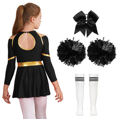 Kids Girls Cheerleader Costume Halloween Cheerleading Dress with Pom Poms Bow Hair Clip Socks Birthday Party Gifts