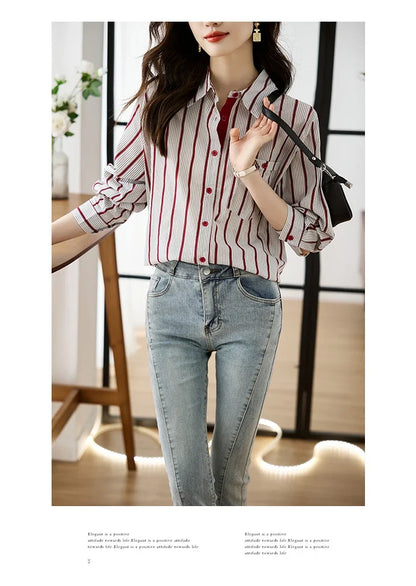 Shirts for Women New Slim Women's Clothing Fashion Polo-Neck Striped Womens Tops Long Sleeved Blouse Women OL Autumn Women Shirt