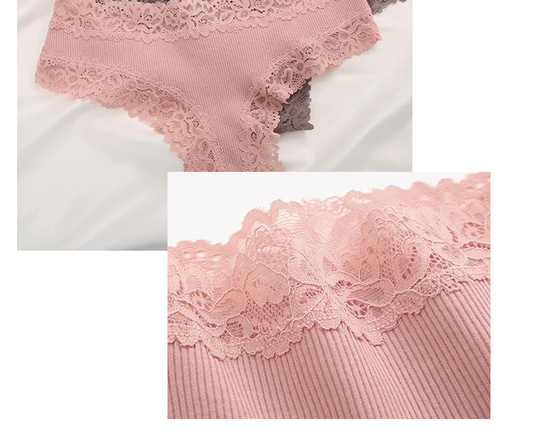 3PCS Lace Seamless Cotton Panties Ribbed Brazilian Pants Low Waist Women Panties Breathable Girls Underwear Plus Size Lingerie