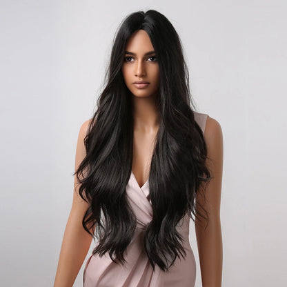 ALAN EATON Black Long Body Wavy Synthetic Wigs for Women Afro Natural Black Hair Wigs Middle Part Heat Resistant Fiber Daily Use