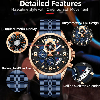 REWARD New Mens Watches Stainless Steel Luxury Waterproof Chronograph Luminous Wrist Watch Fashion Men Sports Quartz Watch