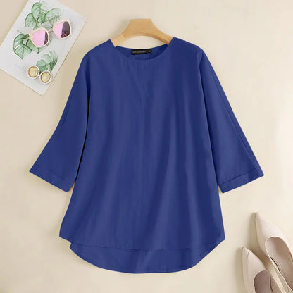 ZANZEA Spring Summer Women Blouse Casual 3/4 Sleeve O Neck Shirt Solid Baggy Tunic Tops Vintage OL Work Blusas Femme Chemise