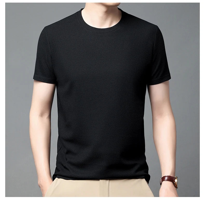 Short sleeved Polo shirShort sleeved Waffle Solid Polot fashion splicing men's round neck top cotton daily short sleeved T-shirt