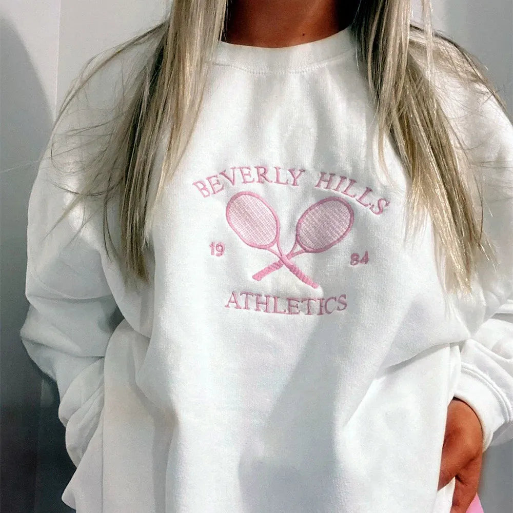 Tennis Athletics Letters Embroidered Sweatshirts Women White Loose Spring Pullover Long Sleeve Retro Thin Cotton Casual Jumpers