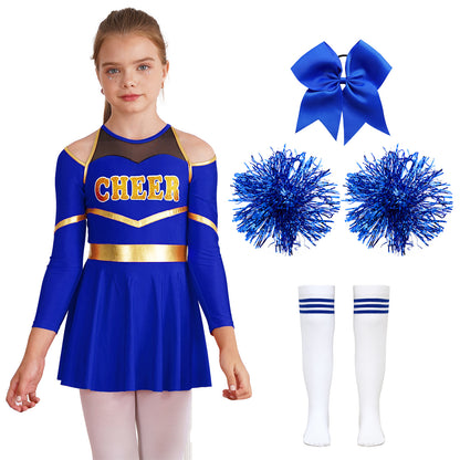 Kids Girls Cheerleader Costume Halloween Cheerleading Dress with Pom Poms Bow Hair Clip Socks Birthday Party Gifts