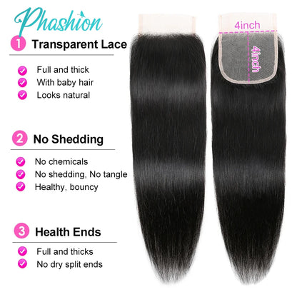 Phashion 13X4 Lace Frontal Straight 4x4 5X5 Closure Only Body Wave Pre Plucked Swiss HD Transparent 100% Remy Human Hair On Sale