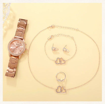 6PCS Set Rose Gold Luxury Watch Women Ring Necklace Earring Rhinestone Fashion Wristwatch Casual Ladies Bracelet Watches