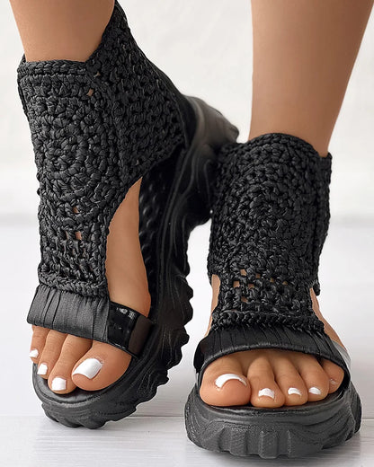 gold Knitted Woolen Sandals woman summer 2025 New Braided Elastic Shoes Mesh Flat Bottom Hollow Out Female Sandals Mujer