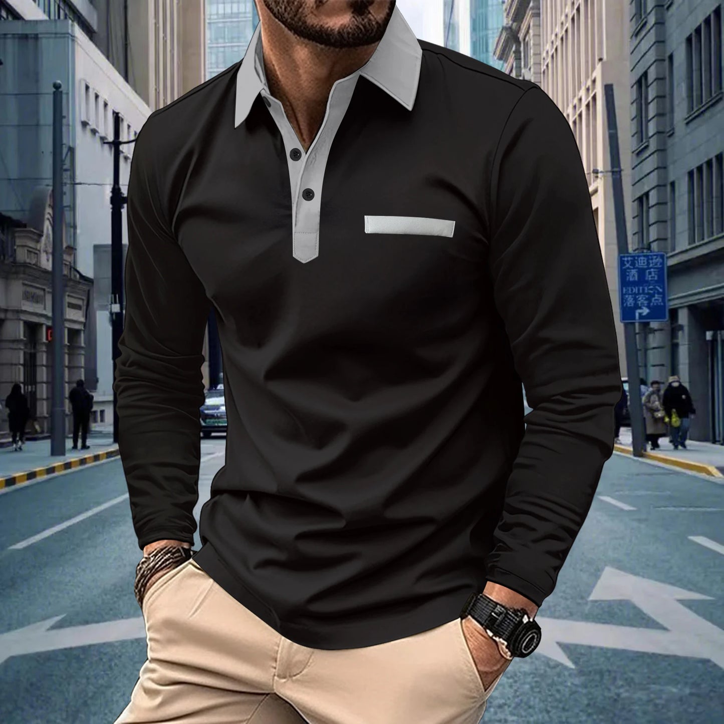 Men's long sleeve POLO shirt High quality Polo shirt four seasons casual ribbed long sleeve T-shirt black and white T-shirt S-3X