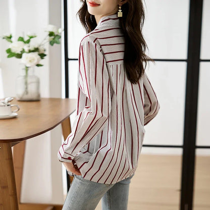 Shirts for Women New Slim Women's Clothing Fashion Polo-Neck Striped Womens Tops Long Sleeved Blouse Women OL Autumn Women Shirt