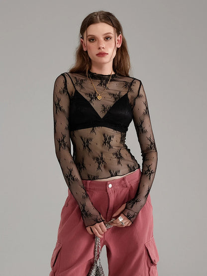 Sexy Lace Tops See Through Mesh Long Sleeve Crop Top Floral Sheer Fitted Tees Y2k Women Top Shirt Blouse