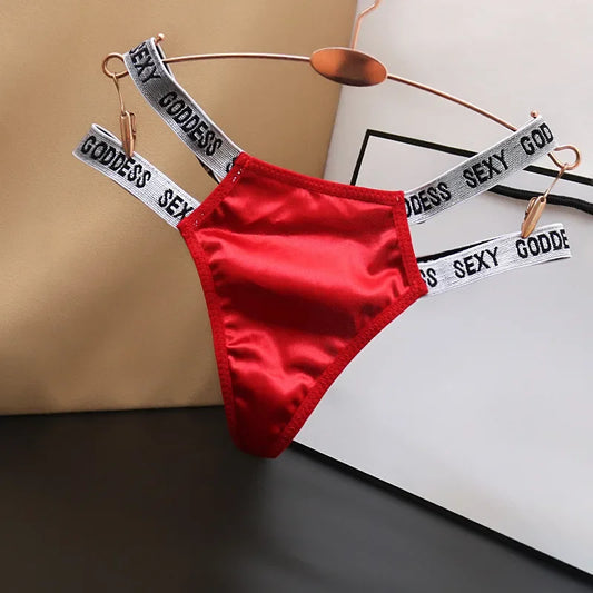 Sexy Satin Thong for Women's Silk Smooth Hollow Panties, Fashionable Solid Color Cotton, Low Waisted Letter, Fun  Girls