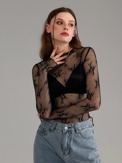 Sexy Lace Tops See Through Mesh Long Sleeve Crop Top Floral Sheer Fitted Tees Y2k Women Top Shirt Blouse