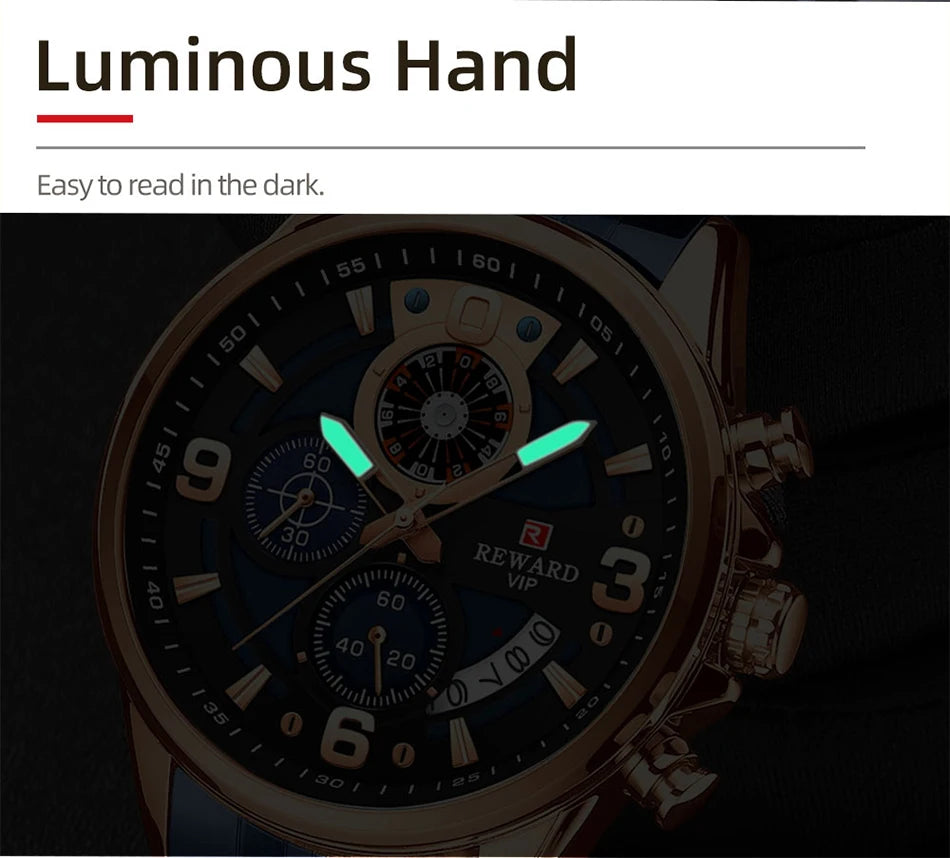 REWARD New Mens Watches Stainless Steel Luxury Waterproof Chronograph Luminous Wrist Watch Fashion Men Sports Quartz Watch