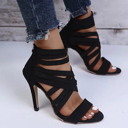 Sexy Peep Toe Elastic Band Cross Women High Heels Sandals Summer New Back Zipper Cover Heeled Gladiator Shoe Pump Black