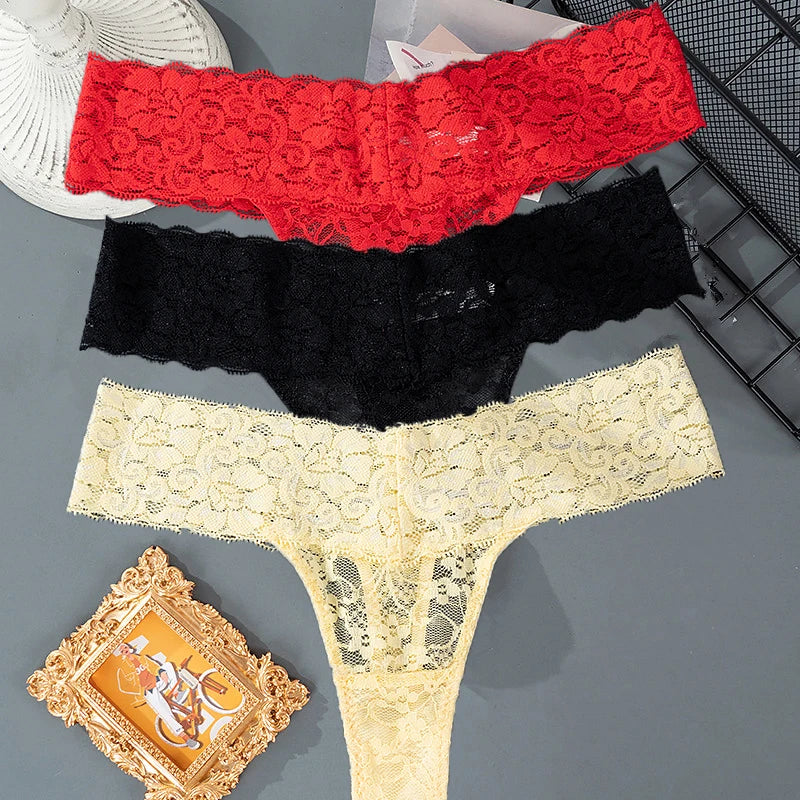 3PCS Lace Floral Women Panties Low Waist Breathable Briefs Female Thong Underwear M-2XL Solid Sexy G-String Transparent Panty