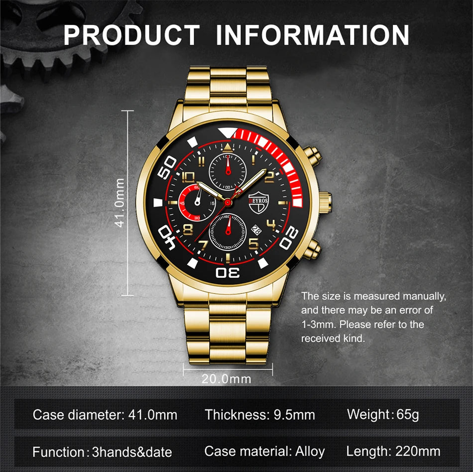 3PCS Set Fashion Mens Calendar Watches Male Casual Stainless Steel Quartz Watch Men Necklace Bracelet Wristwatch Reloj Hombre