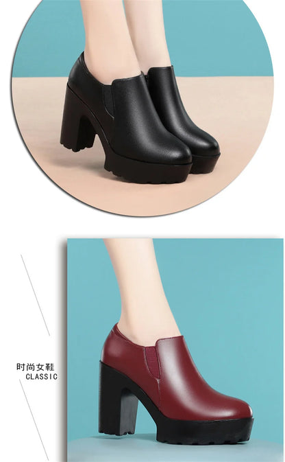 Comfortable Thick Bottom Deep Mouth Soft Leather Shoes 2024 Spring Block High Heels Single Shoes for Office Model Dance