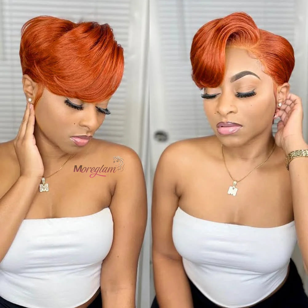 Pixie Cut Human Hair Wigs Orange Wig T Part Lace Wig Ginger Straight Short Human Hair Wigs perruque cheveux humain sans colle