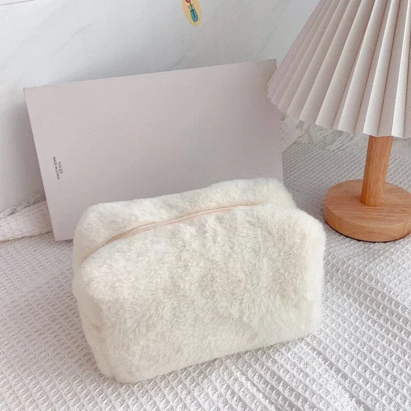 Cute Plush Makeup Bag for Women Zipper Large Solid Color Cosmetic Bag Travel Make Up Toiletry Bag Washing Pouch Plush Pen Pouch