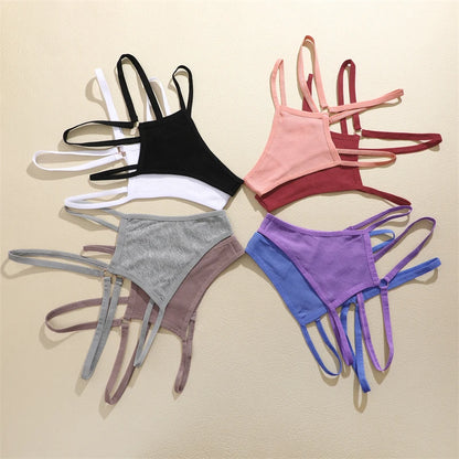 FINETOO 4Pcs Cotton Double Thin Belts Underwear for Women Sexy Low Waist Striped Thongs Ladies Soild Panties Breathable Lingerie