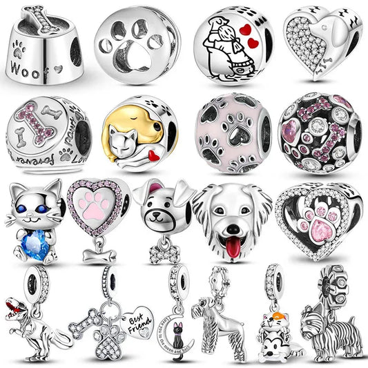 Dog Pet Charms 925 Silver Doggy Paw French Bulldog Bones Beads fit Original Pandora Bracelet DIY Fine Jewelry