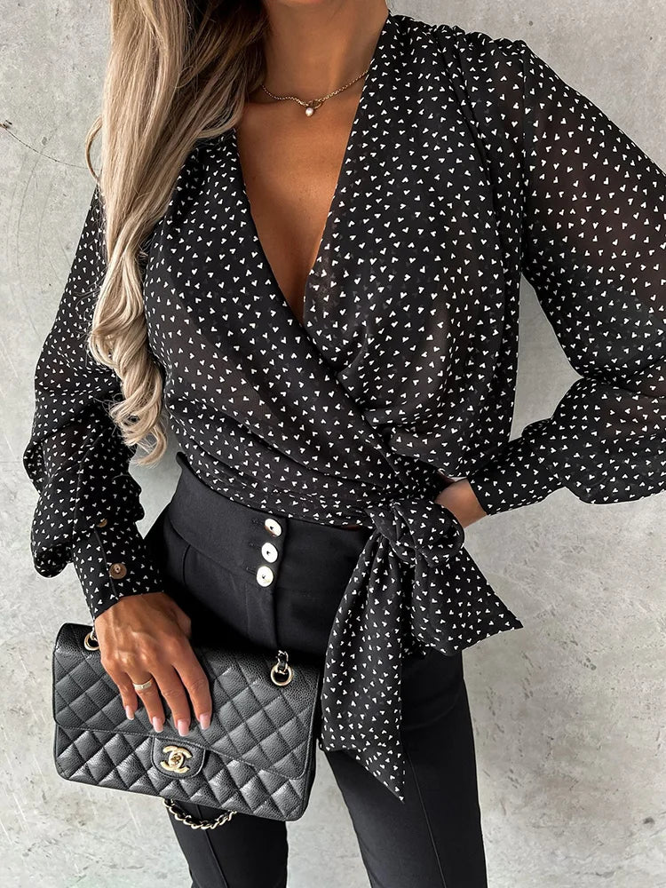 New Leopard Print Women Chic Blouses Spring Autumn Straight Patchwork Ladies Simple Sweatshirts V-Neck Lace-Up Streetwear Blusas