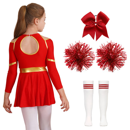 Kids Girls Cheerleader Costume Halloween Cheerleading Dress with Pom Poms Bow Hair Clip Socks Birthday Party Gifts