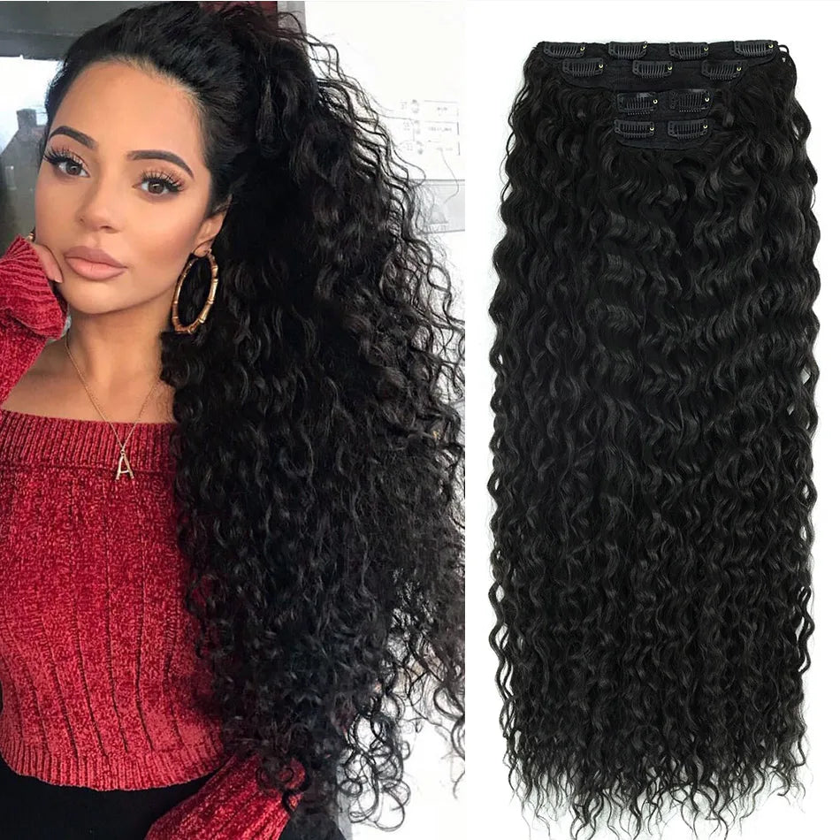 Synthetic Curly Clip-In Hair Extensions For Women Weave 4PCS Full Head Organic Fake Hair Ombre Brown Blonde Thick Hairpieces