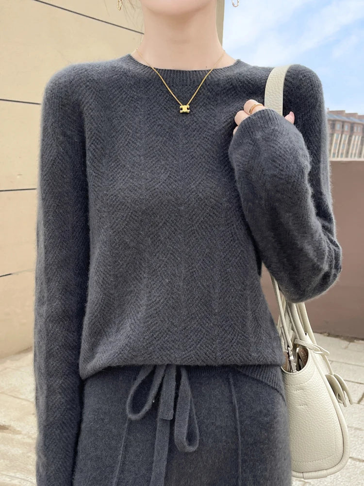 Women’s 100% Merino Wool Sweater Pullovers Hollow Out O-neck Cashmere Autumn Winter Long Sleeve Solid Grace Fashion Clothing Top