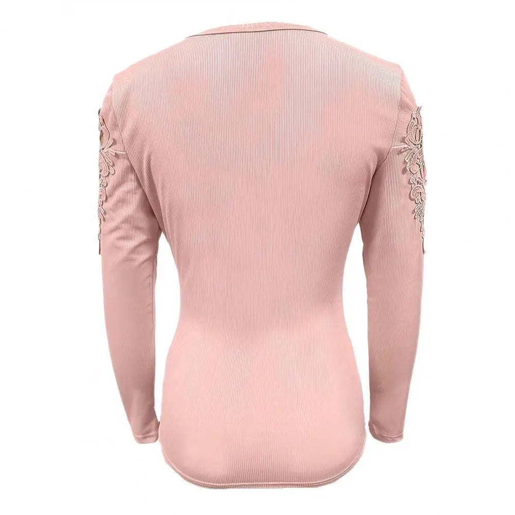 Round Neck Women Top Elegant Lace Patchwork Women's Pullover Slim Fit Round Neck T-shirt Spring Fall Long Sleeve Top Soft Blouse