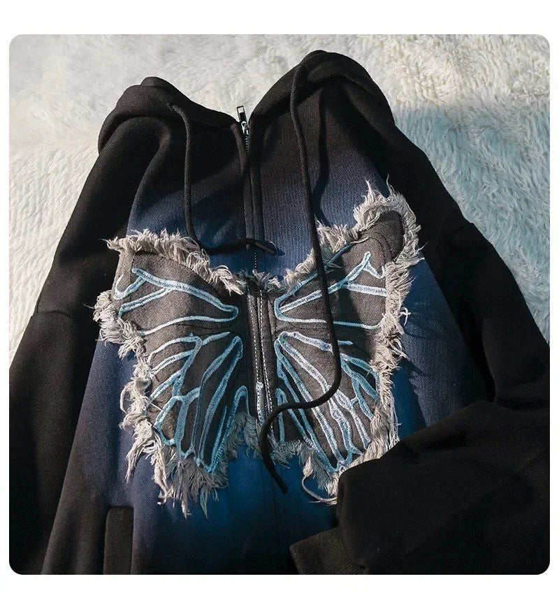 Street Popular Vintage Butterfly Patch Zipper Hoodies Women Y2K New Harajuku Casual Loose Sweatshirt Couple Fashion Joker Hoodie