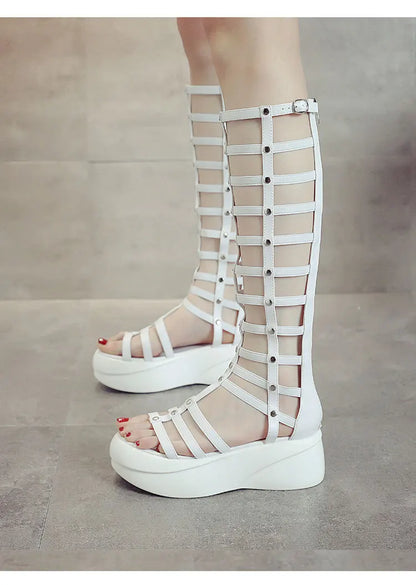 2022 Women's Summer Boots Women Shoes Fashion Cutout High Top Sandals Breathable Striped Roman Shoes Platform Boots Thigh High