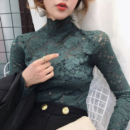 Stretch Floral Lace Petal Sleeve Shirt Women's Long Sleeved S-3XL T Shirt Ladies Perspective Blouse Tops Sexy Lace Tees Clothing