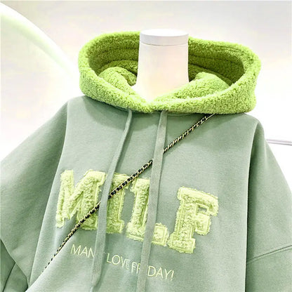 Fashion Patchwork Oversize Sweatshirt Women Winter Casual Loose Cotton Thick Letter Long Sleeve Hoodies Female Streetwear