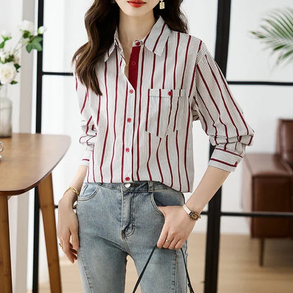 Shirts for Women New Slim Women's Clothing Fashion Polo-Neck Striped Womens Tops Long Sleeved Blouse Women OL Autumn Women Shirt