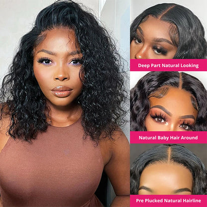 13x4 Deep Wave Curly Bob Wig Human Hair Transparent Lace Frontal Wigs Glueless Water Wave Lace Wig Perruques Cheveux Humains