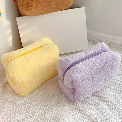 Cute Plush Makeup Bag for Women Zipper Large Solid Color Cosmetic Bag Travel Make Up Toiletry Bag Washing Pouch Plush Pen Pouch