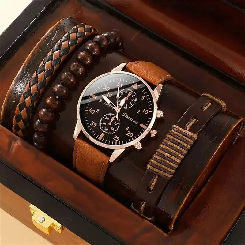 5PCS Set Fashion Mens Sports Watches Man Business Quartz Wristwatch Luxury Leather Bracelet Men Casual Clock Watch