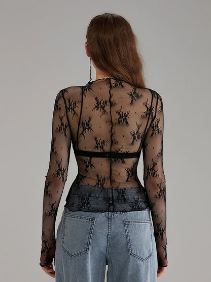 Sexy Lace Tops See Through Mesh Long Sleeve Crop Top Floral Sheer Fitted Tees Y2k Women Top Shirt Blouse