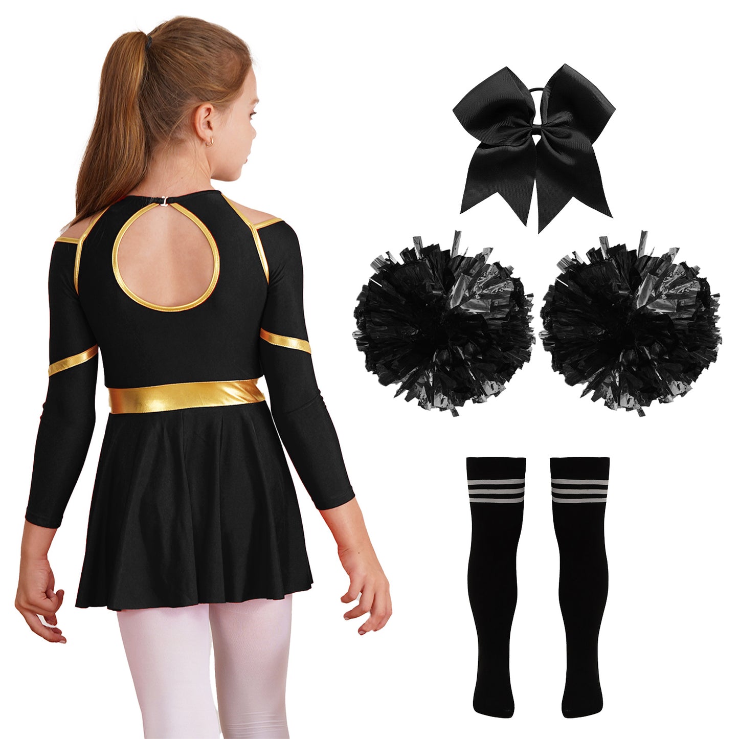 Kids Girls Cheerleader Costume Halloween Cheerleading Dress with Pom Poms Bow Hair Clip Socks Birthday Party Gifts