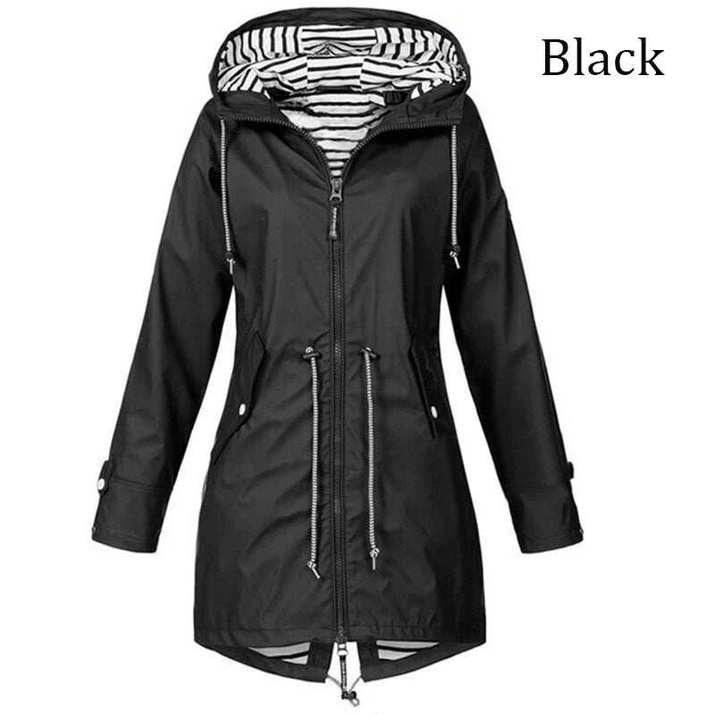 Fashionable women's windproof and waterproof trench coat Long sleeved coat Casual pants Zipper hooded raincoat S~5XL