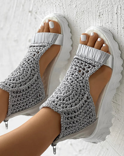 gold Knitted Woolen Sandals woman summer 2025 New Braided Elastic Shoes Mesh Flat Bottom Hollow Out Female Sandals Mujer