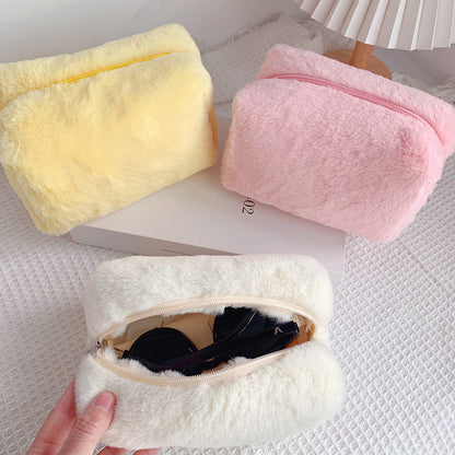 Cute Plush Makeup Bag for Women Zipper Large Solid Color Cosmetic Bag Travel Make Up Toiletry Bag Washing Pouch Plush Pen Pouch