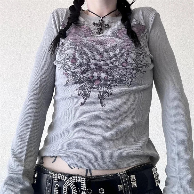 Y2K Grunge T Shirts  Women Long Sleeve Skull Graphic Gothic Tee Top E Girl Vintage Fairy Grunge Top Punk Clothing Streetwear