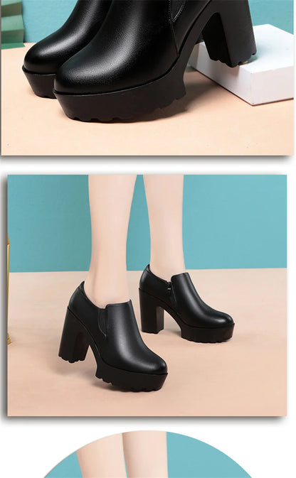 Comfortable Thick Bottom Deep Mouth Soft Leather Shoes 2024 Spring Block High Heels Single Shoes for Office Model Dance